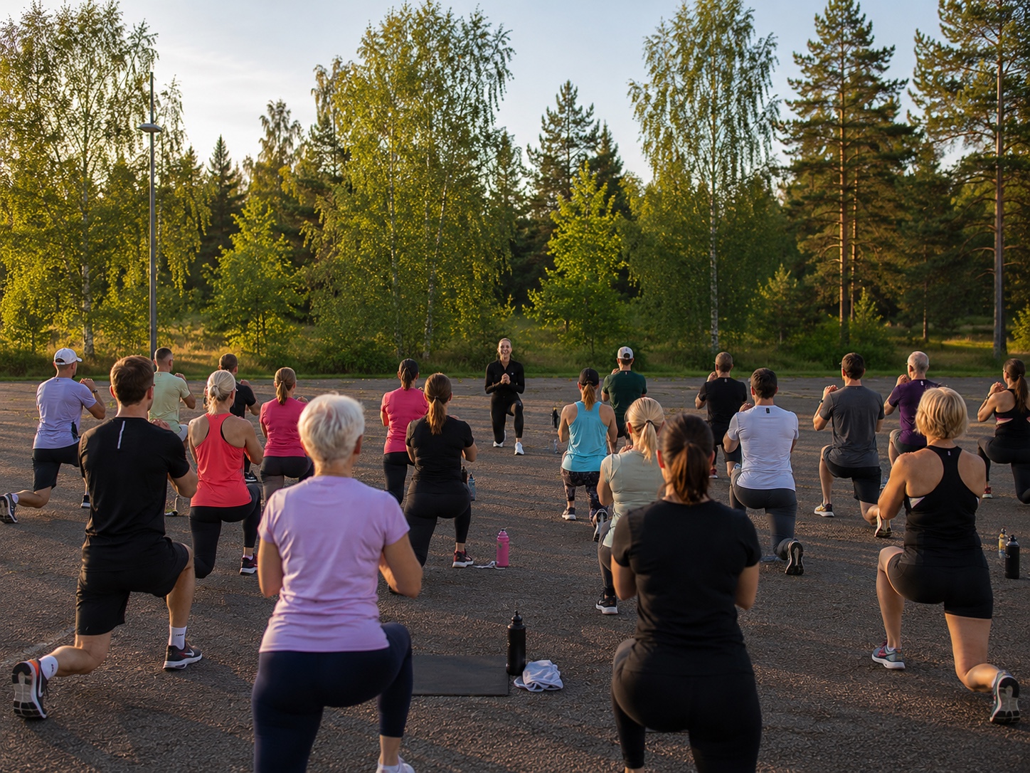 Ryhmäliikuntatunti ulkona ilta-auringossa